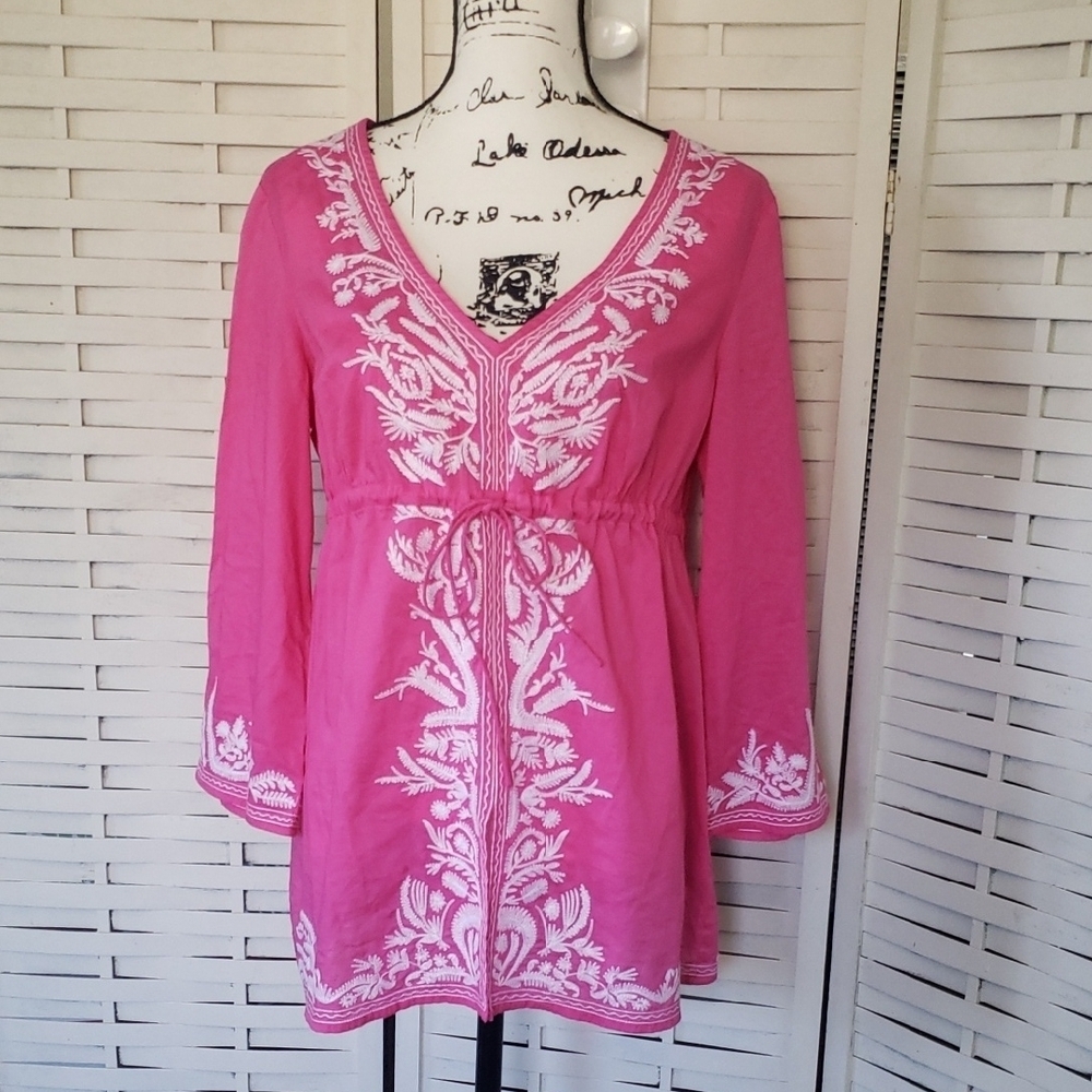 Michaek Kors Pink Embroidered Long Sleeve Tunic Top Size L
